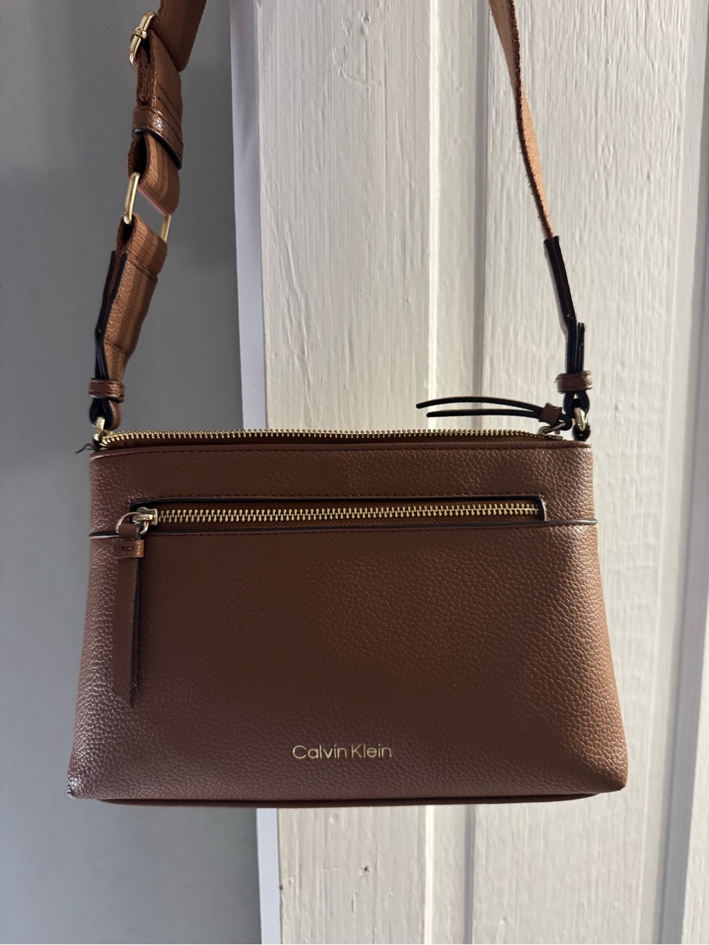Calvin Klein Chestnut Brown Pebbled Leather Crossbody with Gold Hardware